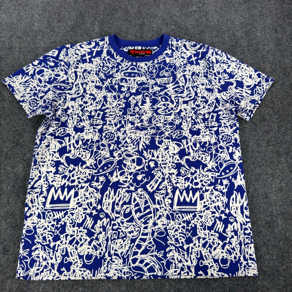 Bass by Ron Bass Mens 2XL Blue All Over Graffiti Print Cotton T-Shirt Streetwear
